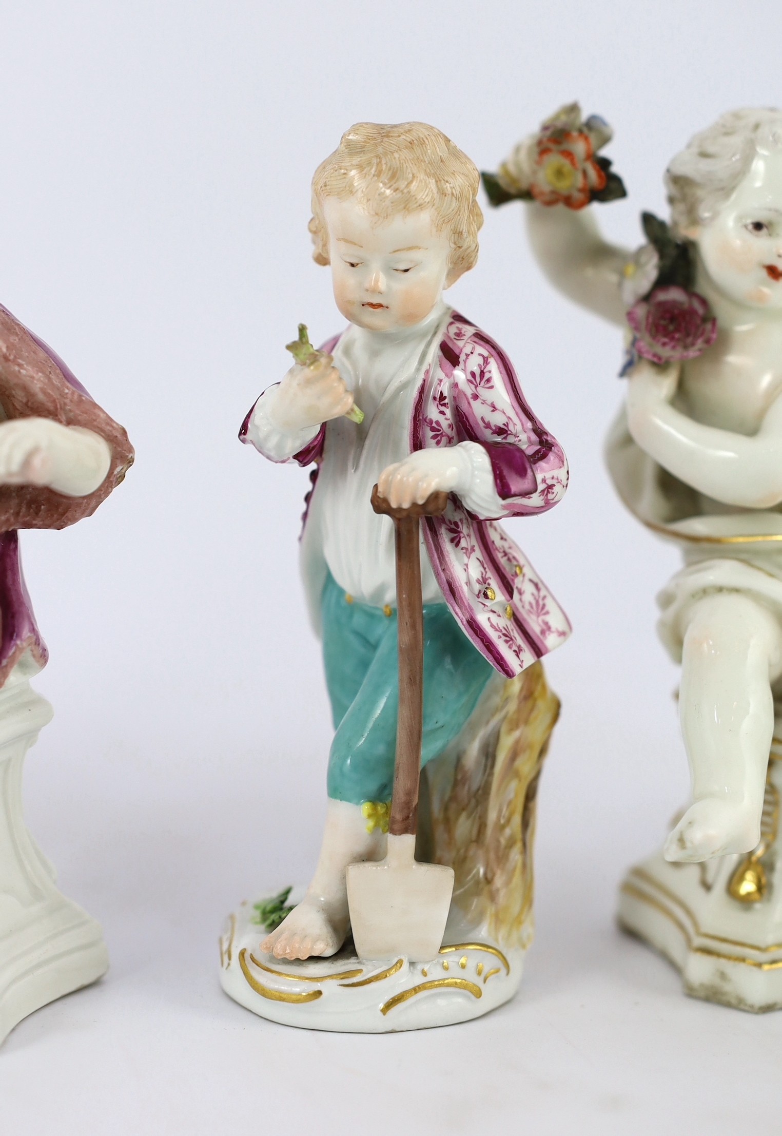 Six Meissen porcelain figures of putti and a boy, second half 18th century, 8.5cm - 14.5cm high, restorations